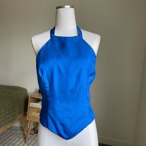 Vintage 90s Do You Love Me? Blue Halter Crop Top Size L